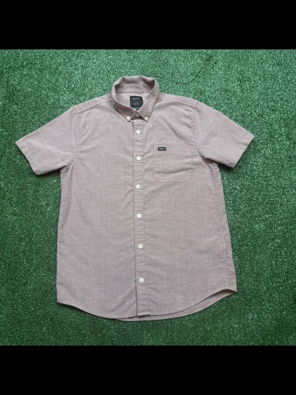 RVCA Button Up Shirt Boys Size M Red Gray Chambray Short Sleeve Casual YOUTH